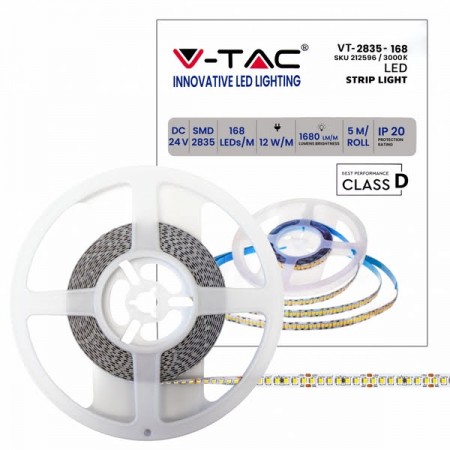 V-Tac Striscia LED 2835 High Lumen 12W/mt. 24V 168 LED/mt. IP20 - SKU 212596 | 212597 | 212598